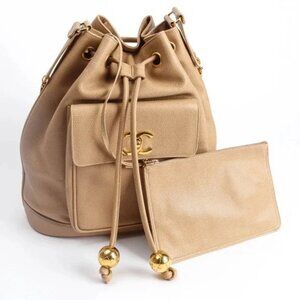Authentic CHANEL vintage beige brown caviar bucket with pouch
